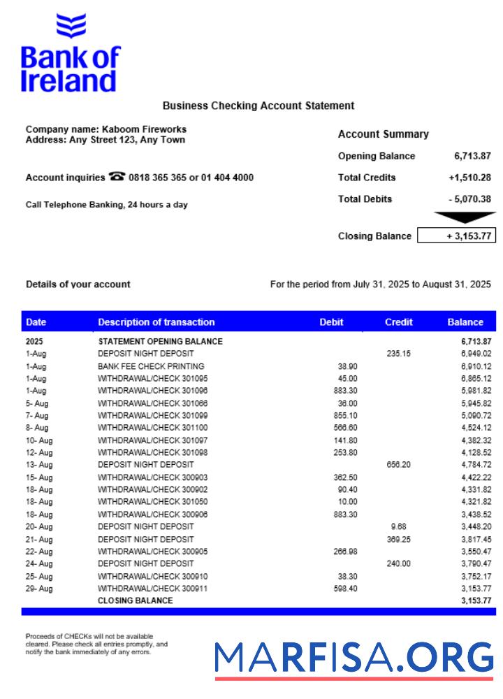 Realistic Bank of Irish firm account statement Word and PDF template